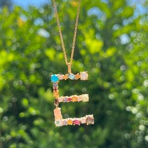 Multicolor crystal encrusted letter E initial necklace from JTV 🩵💛💜